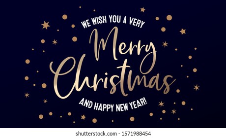 Merry Christmas. Xmas handwritten golden calligraphy lettering. Blue greeting card header for poster, invitation, flyer. Script typography for winter holidays on dark background.
