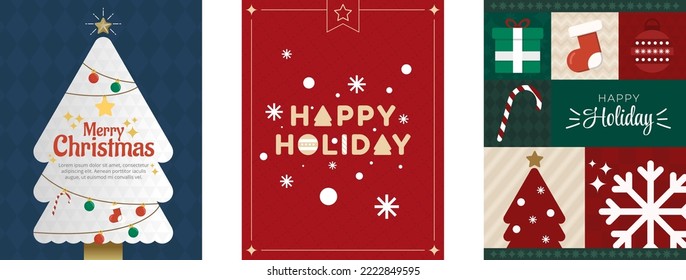 Merry christmas, xmas, happy holiday greetings card set. Vector illustration.