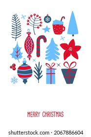 merry christmas xmas happy new year festive greeting card template background in  blue red and white color palette, vector illustration graphic