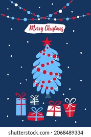 merry christmas xmas happy new year festive greeting card template background in  blue red and white color palette, vector illustration graphic