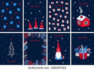 merry christmas xmas happy new year festive greeting card template background in navy blue red and white colors, vector illustration graphic