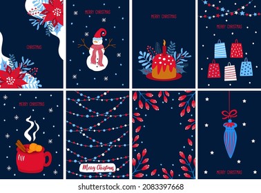 merry christmas xmas happy new year festive greeting card template background in navy blue red and white colors, vector illustration graphic