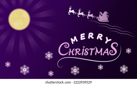 Merry Christmas, xmas, holidays card. Silhouette of Santa in sleigh with reindeers flying on night background of the sky with the shining moon and snowflakes. Winter landscape, vector illustration