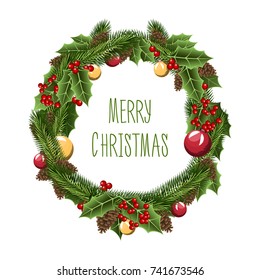 Merry Christmas or xmas and New Year Collection. winter holiday decoration. gift and wreath or garland for label. balls and holly. spruce branches.