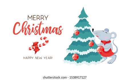 Merry Christmas, xmas postcard with lettering, fir-tree and mice on white background. for logo, banners, labels, postcards, invitations, posters prints, web presentation design element