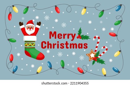 Merry Christmas. Xmas sock. Festive garlands. Senior man in glasses on gift greeting card. Santa character for winter season holiday. Snowflakes and holly. Vector illustration tidy concept