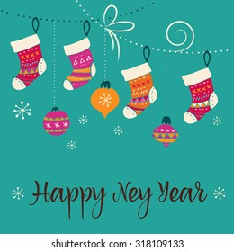 Merry Christmas - Xmas socks, hand drawn illustration. Greeting card