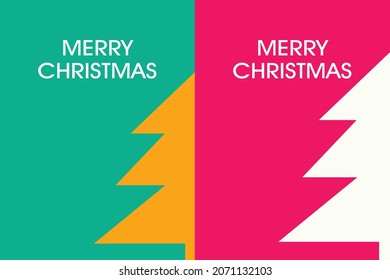 Merry Christmas and xmas tree on colourful background red, green, yellow, blue and black with winter landscape with snowflakes, light, stars. Merry Christmas card. Vector Illustration