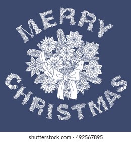 Merry Christmas and xmas wreath, Hand drawn Lettering Greeting for Card design. Detailed vector illustration in pastel colours for company poster or cards design, t-shirt, posters. blue and white