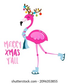 Merry Christmas Y'all - Calligraphy phrase for Christmas with cute flamingo girl. Hand drawn lettering for Xmas greetings cards, invitations. Good for t-shirt, mug, scrap booking, gift.