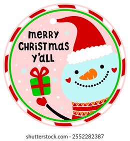 Merry Christmas y'all door sign. Snowman with Santa Hat and snowflakes. Cute character. Vector illustration. Holiday symbols. For postcard, window,wall decoration, door hanger.