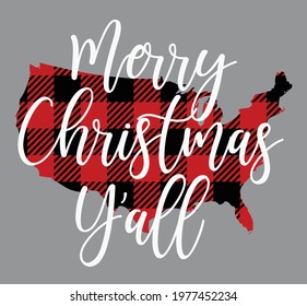 Merry Christmas Y'all vector design, Red buffalo plaid USA cut file, Christmas t-shirt design