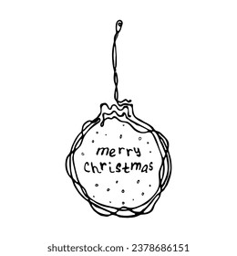 Merry Christmas.New Year toy with inscription in line art style.Christmas ball isolated on a white background.
Vector doodle illustration.