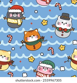 Merry christmas.New year.Seamless pattern of cute cat wear santa hat and scarf in snowman on snow background.Meow.Pet animal character cartoon.Kawaii.Vector.Illustration.