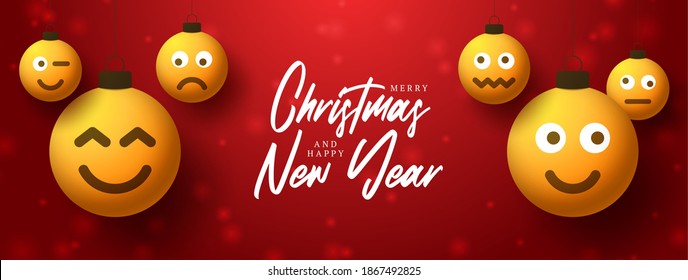 Merry christmas yellow balls with cute face greeting card. Emoticons on bubble toys. Vector for decoration holiday xmas tree. Element of design Happy New Year sale banner, flyer, poster, background.