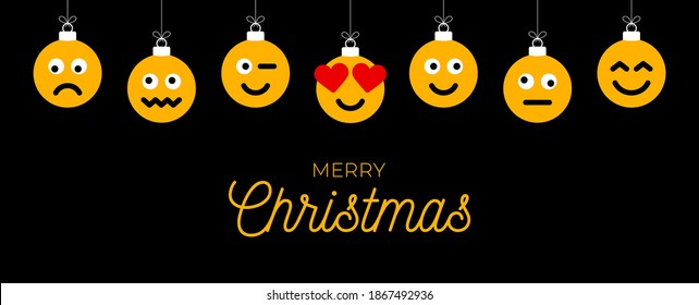 Merry christmas yellow balls with cute face greeting card. Emoticons on bubble toys. Vector for decoration holiday xmas tree. Element of design Happy New Year sale banner, flyer, poster, background.