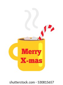 Merry Christmas yellow cup with handle. Striped red-white bent straw. Hot drink inside. Steam. Pieces of sugar. Illustration of isolated teacup with red inscription. Flat style. Cartoon design. Vector