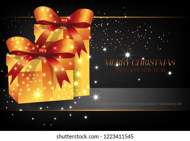 Merry Christmas with yellow gift boxes poster design. Inscription with two yellow bright gift boxes on black background with sparkles. Can be used for posters, greetings, postcards