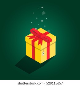 Merry Christmas yellow gift with red ribbon and tree tag isometric on green background. Snow flake falling.