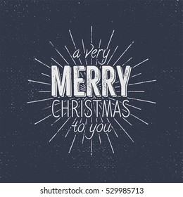 Merry Christmas to you typography sign, holiday wish, saying and vintage label. Season's greetings calligraphy.Seasonal text design. Vector design. Letters composition with sunbursts. Isolate on blue