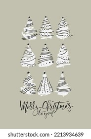 Merry Christmas to you vertical greeting card design. Holiday vector illustration with lettering composition and hand drawn chrismas trees silhouettes.