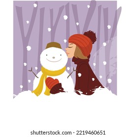 Merry Christmas with young girl kissing snow man.