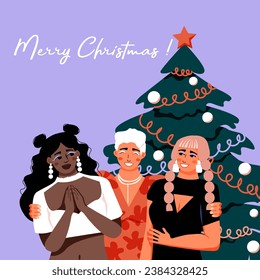 Merry Christmas! Young women hugging. Friends. Christmas tree. Party girls. Colleagues. Greeting card. Vector illustration