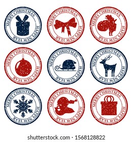Merry Christmasand Happy New Year set dirty post stamp icon isolated on white vector