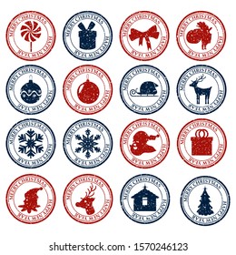 Merry Christmasand Happy New Year set dirty post stamp icon isolated on white vector
