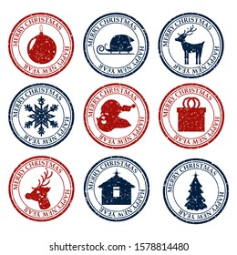 Merry Christmasand Happy New Year set dirty post stamp icon isolated on white vector