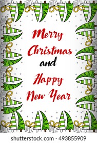 "Merry Christmas"and "Happy New Year" card, printable template with doodle border.