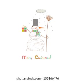 Merry Christmas!Card with snowman and gift.Vector