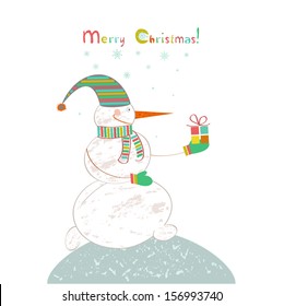 Merry Christmas!Card with snowman and gift.Vector