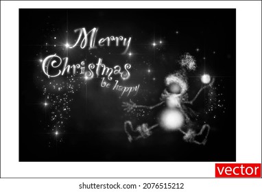 Merry Christmas.Christmas drawing in white chalk on black chalkboard.A beautiful handwritten "Merry Christmas" in chalk.A Christmas story.A fabulous winter character for a greeting card. Chalk snowman