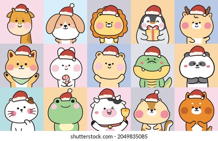 Merry Christmas.Collection of cute animals in santa costume.Cartoon character design set.Rabbit,bear,dog,penguin,frog,fox,giraffe,cat,shiba inu,lion,cow doodle.Kid graphic.Kawaii.Vector.Illustration.