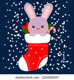 Merry christmas.Cute bunny in a Christmas sock on a background of snowflakes. rabbit in stocking.