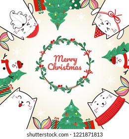 Merry Christmas,cute cat mermaid cartoon hand drawn.