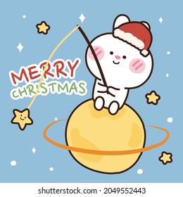 Merry christmas.Cute rabbit sit on the planet star background.Cartoon animal character.Star.Moon.Kid graphic design.Winter.Vector.Illustration.