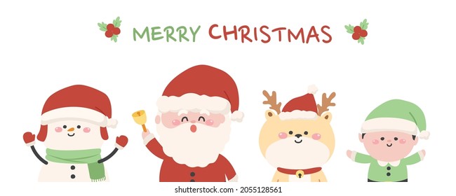 Merry Christmas.Cute Santa Claus,snowman,reindeer And Elf Cartoon On White Background.Character Design.Baby Graphic.Art.Banner.Winter.Isolated.wallpaper.Kawaii.Vector.Illustration.