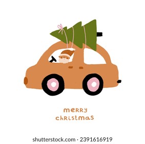Merry Christmas.Cute Winter Holidays Vector Card with Santa Claus Driving a Car with a Christmas Tree on the Roof.Infantile Style Hand Drawn Xmas Print with Auto and Spruce on a White Background. RGB.