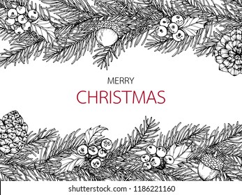 Merry Christmas'day backgroungs with line art drawing illustration of poinesettia, maple leaf, pine, holly