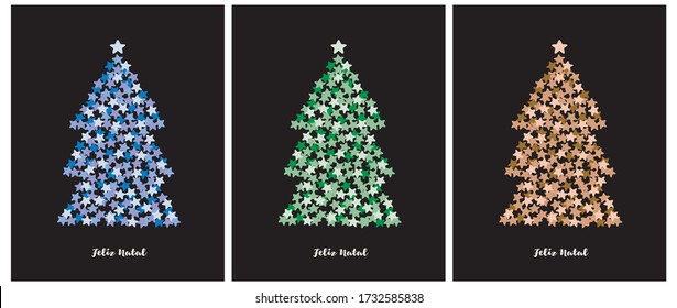 Feliz Navidad-Feliz Natal, Tarjeta Vector de Navidad Portugues. Árbol de Navidad azul, verde y dorado hecho de estrellas aisladas en un fondo negro. Ilustración navideña en 3 colores diferentes.