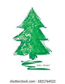 Merry Christmas-Feliz Natal, Portugues Christmas Vector Card. Green Hand Drawn Christmas Tree Isolatted on a White Background.