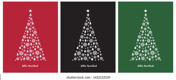 Merry Christmas-Feliz Navidad, Spanish Christmas Vector Card.White Christmas Tree on a Red, Black and Green Background. Christmas Illustration in 3 Different Colors.Tree Made of Star, Heart, Snowflake