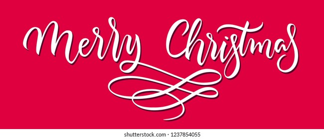 Merry Christmasflourish banner. Lettering words in vintage style made with brush. Classic calligraphy design for print, freetings, invitations. White vector illustration on red background