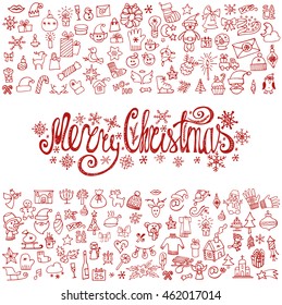 Merry Christmas.Greeting card with doodle icons set.New year different decorative elements for winter holidays,handwriting title.Design template.Hand drawing flat  sketch in baby style.Vector.Vintage