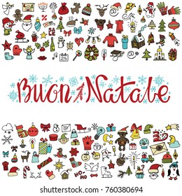 Merry Christmas.Greeting card with doodle icons set. Buon Natale italian handwriting  titles. Decorative elements for winter holidays.Design template.Hand drawing sketch.Colored Vector.Vintage