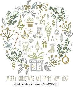 Merry Christmas.Greetings card . Handwritten modern brush lettering. Hand drawn design elements.