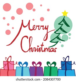 merry christmas-hand drawn lettering with christmas tree with set of giftboxes illustration on white background. happy holiday. doodle art for wallpaper, poster, greeting and invitation card, banner