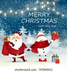 Merry Christmas.Happy Christmas companions. Cute, Cheerful Santa Claus with gift bag full of gift boxes, present and little, baby snowman holds gift on Christmas snow scene. Winter landscape.
